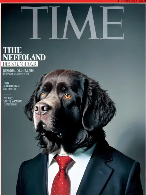 <lora:time_v10:1> time magazine, a Newfoundland Labrador dressed in a suit and tie