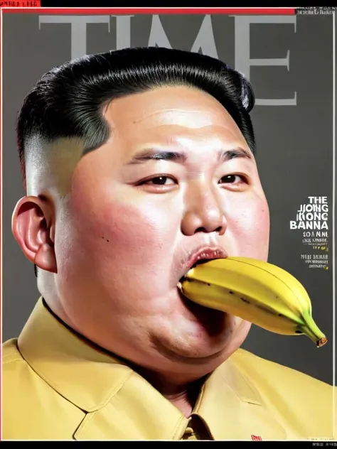 <lora:time_v10:1> time magazine, Kim Jong Un sucking on a banana