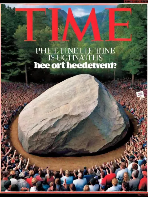 <lora:time_v10:1> time magazine, a boulder surrounded by people cheering