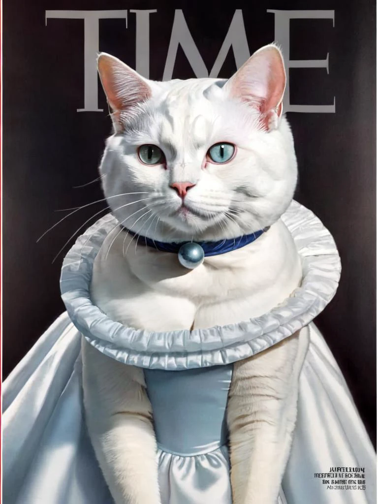 <lora:time_v10:1> time magazine, a white cat wearing a ball gown