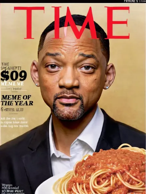 <lora:time_v10:1> time magazine, spaghetti and will Smith, ("meme of the year":1.3)