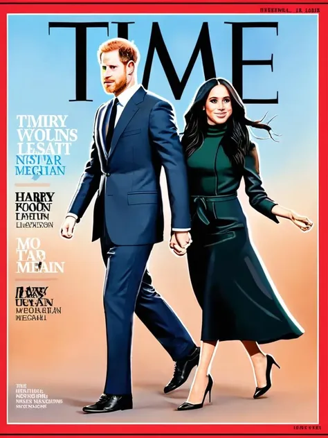 time magazine, cartoonic illustration of harry and meghan <lora:time_xl:1>