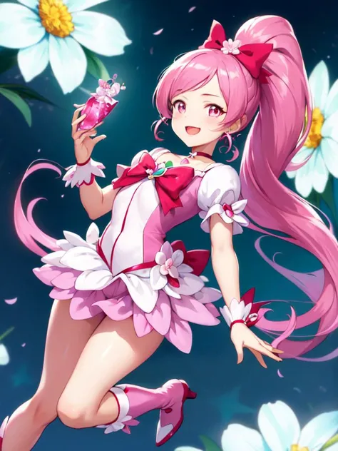 masterpiece, best quality, looking_at_viewer, depth_of_field, light smile,
1girl, <lora:locon_cure_blossom_v1:0.9>, cure blossom, long ponytail, hair ribbon, wrist cuffs, gem, flower earrings, boots, choker, shorts under skirt, pink shorts,