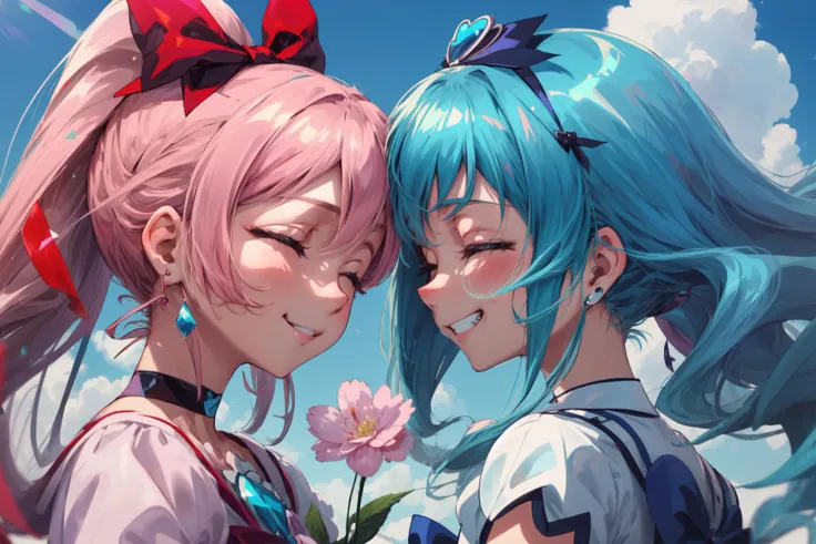 masterpiece,best quality,2girls,face-to-face,looking at each other,(blue sky),
AND 2girls,face-to-face,looking at each other,(blue sky),(1girl,cure blossom,long ponytail, hair ribbon, gem,choker, flower earrings,smile,closed eyes, <lora:locon_cure_blossom_1:0.9>),
AND 2girls,face-to-face,looking at each other,(blue sky),(1girl,cure marine,wavy hair, aqua hair,hair ribbon,grin,closed eyes, <lora:locon_cure_marine_2:0.9>),