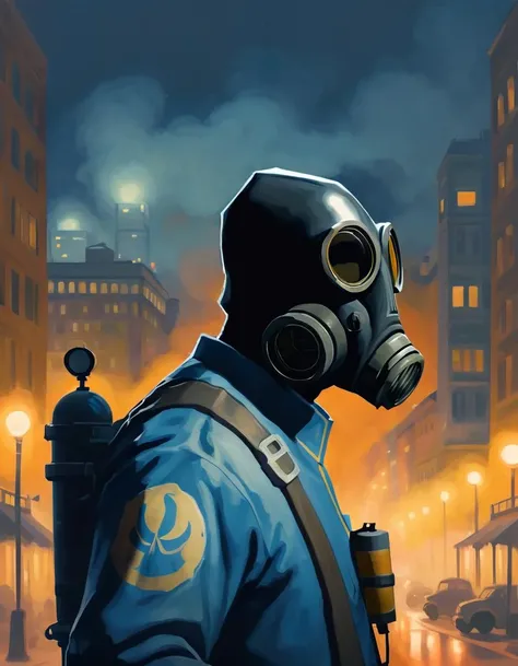 painting of tf2pyro, bluteam, blue jacket, gas mask, in a city at night, foggy, 1boy, solo, <lora:tf2pyroloraXL:0.9>