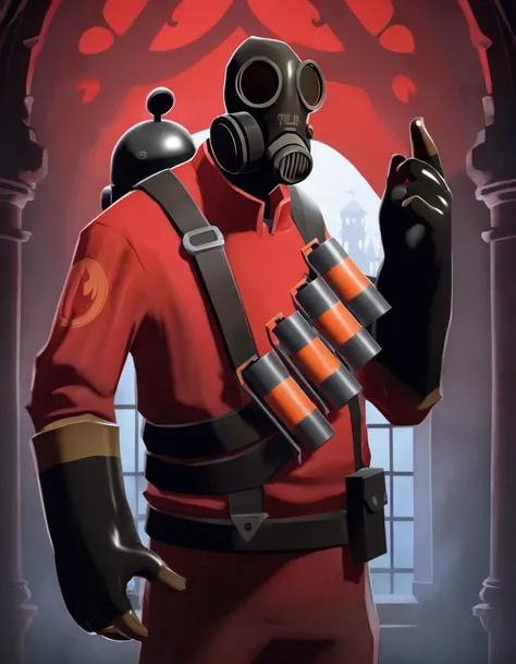award winning photo, in the (dark:1.3), (deep shadow:1.3), creepy, scary, best quality, highres, 1boy, solo, tf2pyro, redteam, red jacket, gas mask, (in a gothic castle), ((moonlight)), light particles, intricate details, window in the background, dynamic angle, slight smile, (night:1.4), <lora:tf2pyroloraXL:1>