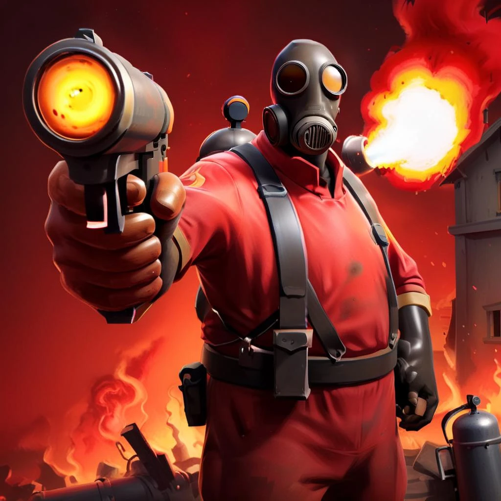 HD, masterpiece, best quality, hyper detailed, ultra detailed, Action shot of a (tf2pyro) with pointing (red flare gun) at the viewer in burning house background<lora:XL_Weapon_pistol:0.7>, <lora:tf2pyroloraXL:0.8> ,red gun