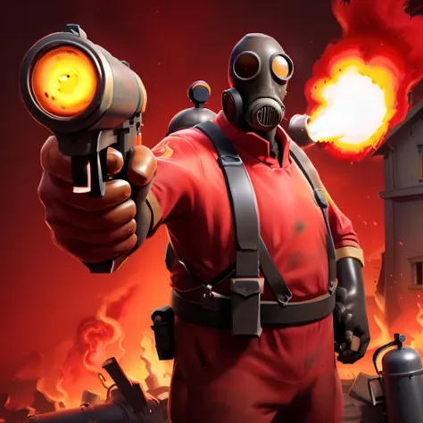 HD, masterpiece, best quality, hyper detailed, ultra detailed, Action shot of a (tf2pyro)  with pointing (red  flare gun) at the viewer in burning house  background<lora:XL_Weapon_pistol:0.7>,  <lora:tf2pyroloraXL:0.8>  ,red gun