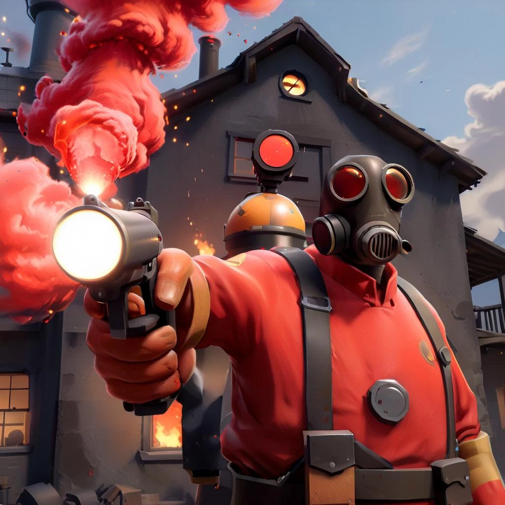 HD, masterpiece, best quality, hyper detailed, ultra detailed, Action shot of a (tf2pyro) with pointing (red flare gun) at the viewer in burning house background<lora:XL_Weapon_pistol:0.7>, <lora:tf2pyroloraXL:0.8> ,red gun