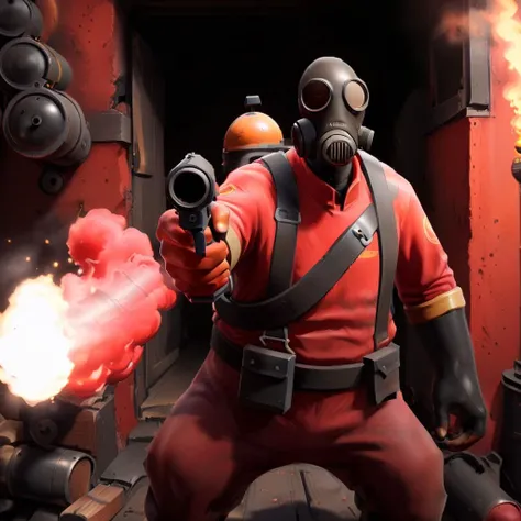 HD, masterpiece, best quality, hyper detailed, ultra detailed, Action shot of a (tf2pyro) with pointing (red flare gun) at the viewer in burning house background<lora:XL_Weapon_pistol:0.7>, <lora:tf2pyroloraXL:0.8> ,red gun