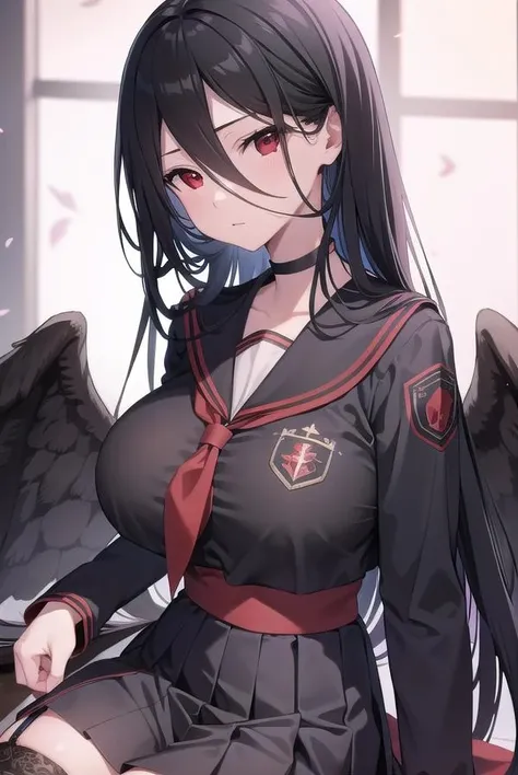 bluearchivehasumi, <lora:hasumi-lora-nochekaiser:1>, 
hasumi, black hair, hair between eyes, long hair, mole, mole on breast, mole under eye, (red eyes:1.5), wings, black wings, low wings, feathered wings, (large breast:1.2),
BREAK black choker, black serafuku, black skirt, black thighhighs, garter straps, long sleeves, pleated skirt, school uniform, serafuku, side slit, skirt, thighhighs, white collar, whie sailor collar,
BREAK looking at viewer, 
BREAK indoors, classroom,
BREAK <lyco:GoodHands-beta2:1>, (masterpiece:1.2), best quality, high resolution, unity 8k wallpaper, (illustration:0.8), (beautiful detailed eyes:1.6), extremely detailed face, perfect lighting, extremely detailed CG, (perfect hands, perfect anatomy),