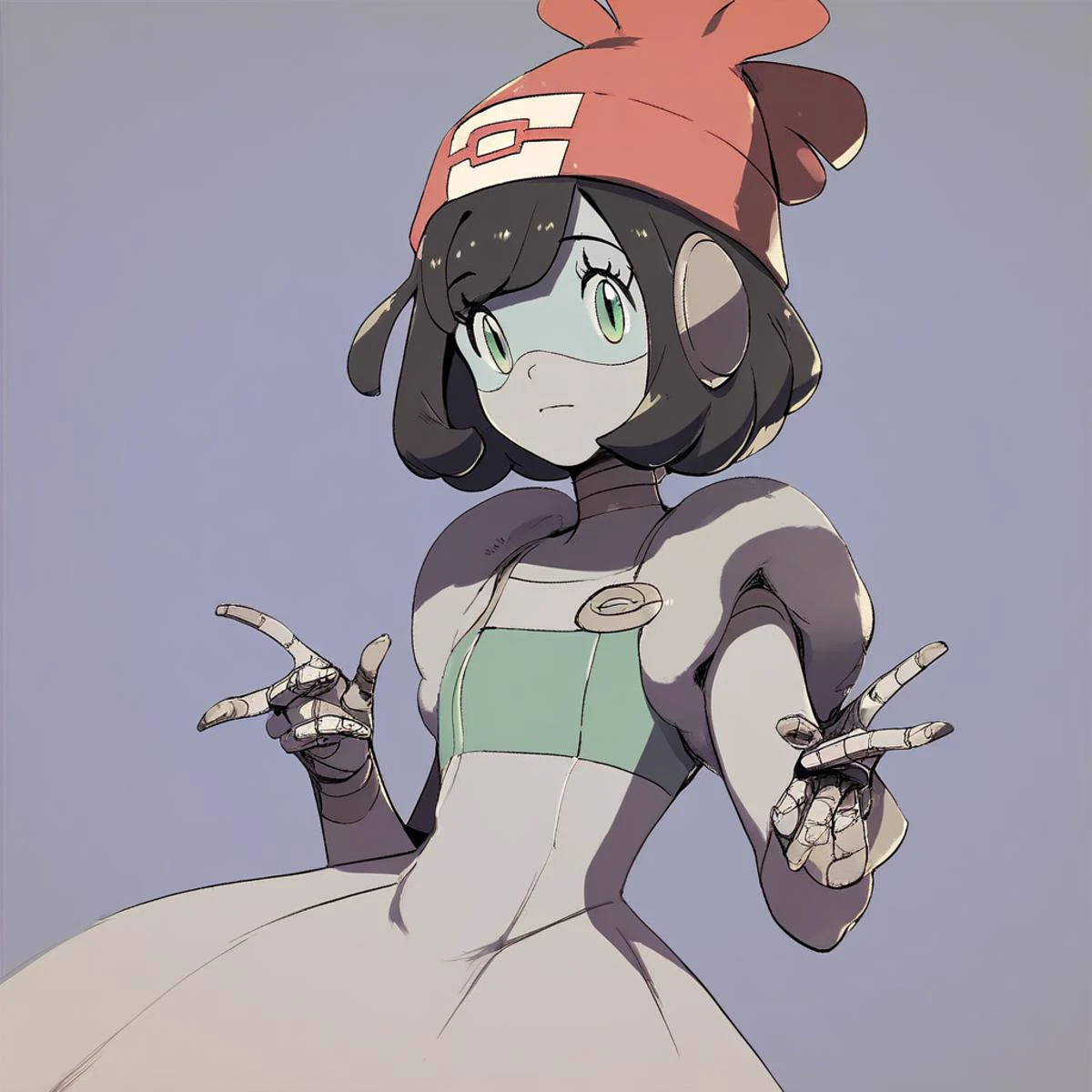 score_9, score_8_up, score_7_up, score_6_up, score_5_up, score_4_up, mistyrobot, selene_(pokemon), pokemon, 1girl, black_hair, green_eyes, solo