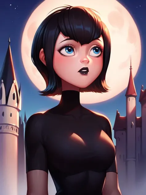 score_9, score_8_up, score_7_up, source_anime, source_cartoon, Mavis,short hair, black hair, best quality, perfect eyes,  portrait, breasts,lips, black lips,eyelashes, blue eyes, black dress, castle, darkness, full moon<lora:Mavis_from_Hotel_Transylvania_PonyXL:1>