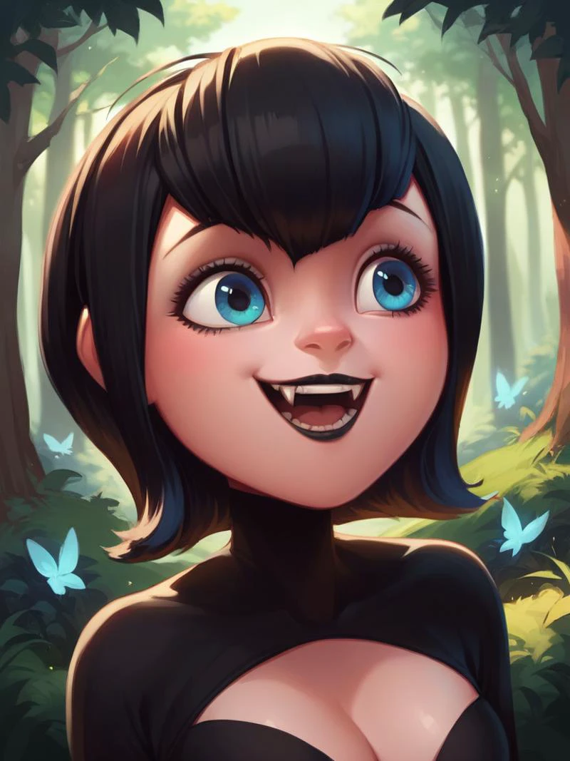 score_9, score_8_up, score_7_up, source_anime, source_cartoon, Mavis,short hair, black hair, best quality, perfect eyes, portrait, breasts, cleavage,lips, black lips,eyelashes, blue eyes,forest, day, black dress,fangs, open mouth,smile,<lora:Mavis_from_Hotel_Transylvania_PonyXL:1>