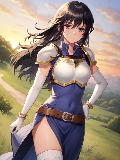 <lora:Ayra_FE-10:1>, ayra fe, 1girl, solo, looking at viewer, sunset, thighhighs, gloves, nature, dress, jewelry, earrings, elbow gloves, belt, white gloves, fingerless gloves, armor, bracelet, white thighhighs, shoulder armor, pelvic curtain, side slit, pauldrons, breastplate