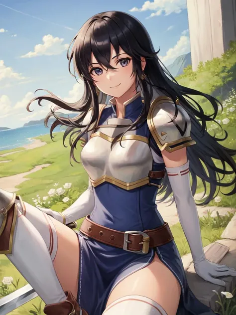<lora:Ayra_FE-10:0.8>, ayra fe, 1girl, solo, looking at viewer, smile, thighhighs, gloves, dress, holding, hair between eyes, jewelry, sitting, closed mouth, weapon, flower, earrings, boots, outdoors, day, elbow gloves, belt, sword, white gloves, holding weapon, armor, rose, holding sword, shoulder armor, sheath, pelvic curtain, sheathed, breastplate, scabbard