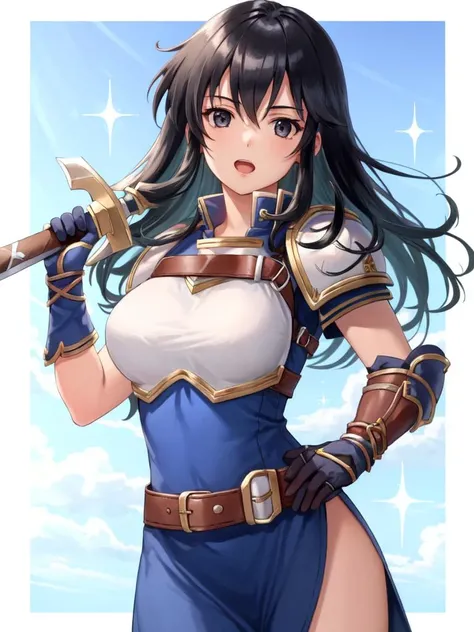 <lora:Ayra_FE-10:1>, ayra fe, 1girl, solo, breasts, looking at viewer, open mouth, large breasts, gloves, dress, holding, weapon, thighs, green hair, belt, sword, fingerless gloves, holding weapon, armor, black eyes, sparkle, blue dress, holding sword, shoulder armor, sheath, side slit, pauldrons, breastplate
