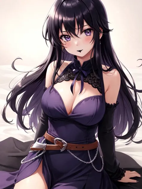 <lora:Ayra_FE-10:0.8>, ayra fe, 1girl, solo, breasts, looking at viewer, blush, large breasts, (goth:1.5), black and purple dress