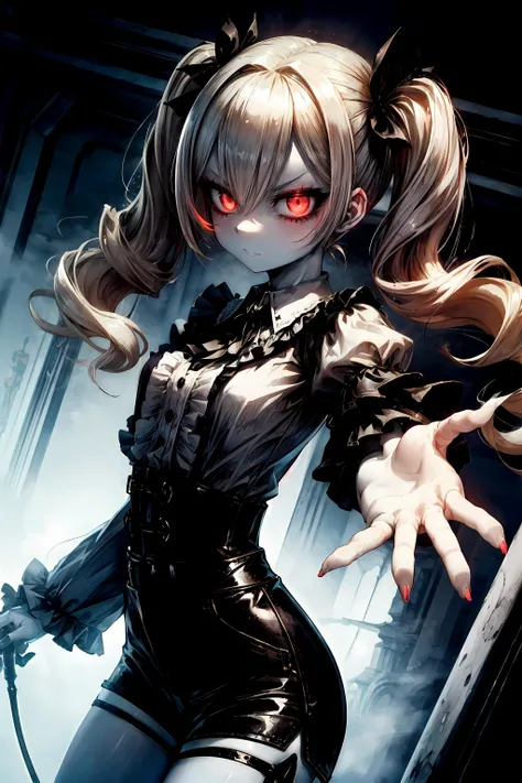 dark, dutch angle, foreshortening, cowboy shot, evil, rim lighting, masterpiece, best quality, shiny skin, pale skin, glowing red eyes, twintails, platinum blonde hair, wavy hair, frilled shirt collar, frilled sleeves, juliet sleeves, white shirt, white high-waist shorts, red eyeshadow, <lora:more_details:0.5>