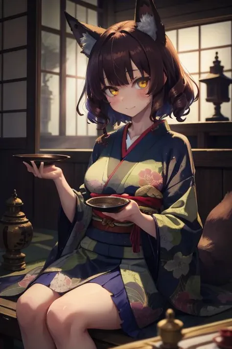 masterpiece,(((best quality))),1girl,anime,beautiful girl,beautiful,perfect hands,fantasy,looking at viewer,cute,kimono,brown hair,short hair,fox girl,sitting,temple,sake,curly hair,medium breasts,yellow eyes,twilight,holding_sake,