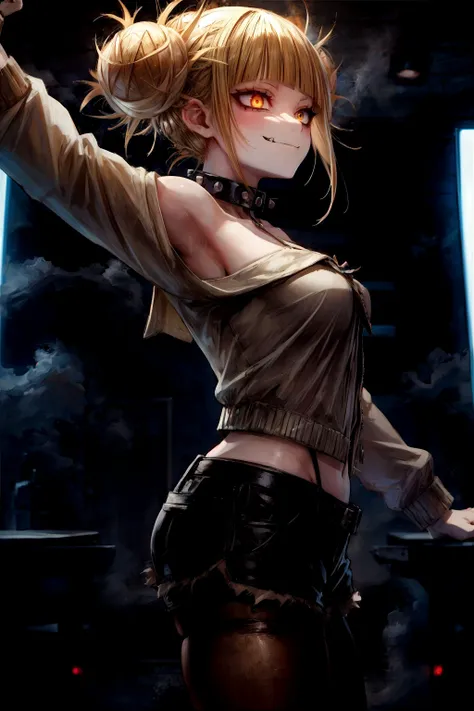 dark, red pantyhose, masterpiece, best quality, 1girl, toga himiko, boku no hero academia\(series\), yellow eyes, tired eyes, glowing eyes, evil smirk, blonde hair, double bun, spiked collar, metallic jacket, off-shoulder, asymmetrical shirt, curvy, short shorts, foreshortening, underground dance club, neon lights, extreme close-up, fog, from side,