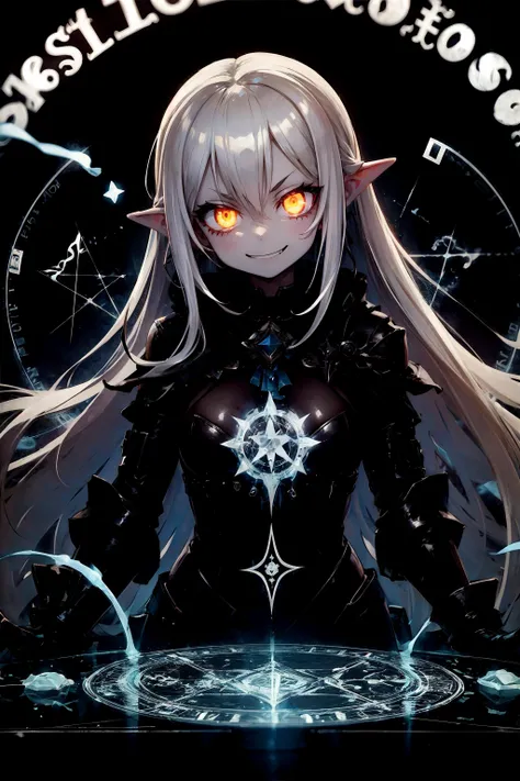 thick outlines, dark, low key, horror, best quality, upper body, shiny skin, looking at viewer, 1girl, see-through, bodystocking, long white hair, glowing yellow eyes, petite, small breasts, evil smile, standing in the middle of a magic circle with glowing energy flowing around her, magic runes floating in air, head tilted back looking down at the viewer,