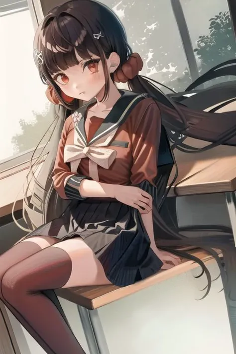 <lora:MakiDG:1>, 1girl, face, MakiDG, 1girl, red scrunchie, hair scrunchie, red legwear, thighhighs, skirt, school uniform, solo, red shirt, pleated skirt, bangs, shirt, looking at viewer, sailor collar, serafuku, long sleeves, sitting, blunt bangs, hairclip, black skirt, breasts, closed mouth, black sailor collar, eyebrows visible through hair, zettai ryouiki, grey background, collarbone,