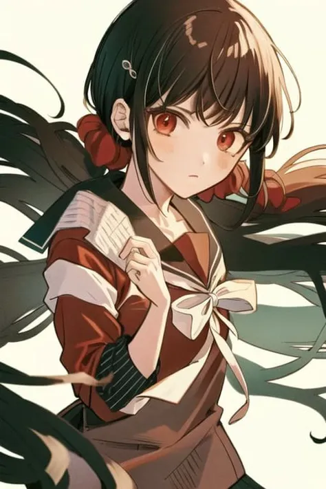 <lora:MakiDG:1>, MakiDG, 1girl, red shirt, red scrunchie, solo, bangs, simple background, shirt, hair scrunchie, white background, school uniform, collarbone, upper body, blunt bangs, looking at viewer, serafuku, long sleeves, sailor collar, closed mouth, official style, hairclip, eyebrows visible through hair, star print, pleated skirt, jacket, red eyes,