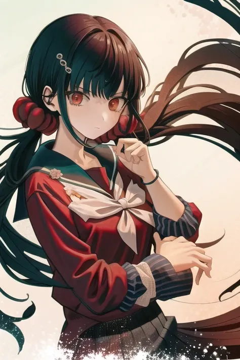 <lora:MakiDG:1>, MakiDG, 1girl, blunt bangs, bangs, hair scrunchie, red scrunchie, school uniform, shirt, solo, looking at viewer, sailor collar, floating hair, official style, upper body, musical note hair ornament, hairclip, shiny hair, red eyes,