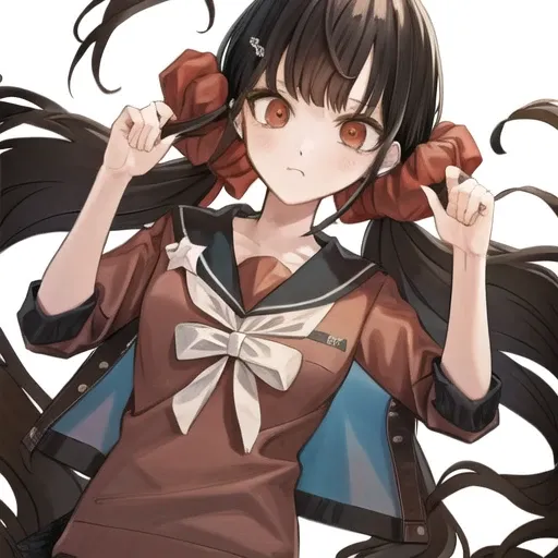 <lora:MakiDG:1>, MakiDG, 1girl, red shirt, red scrunchie, solo, bangs, simple background, shirt, hair scrunchie, white background, school uniform, collarbone, upper body, blunt bangs, looking at viewer, serafuku, long sleeves, sailor collar, closed mouth, official style, hairclip, eyebrows visible through hair, star print, pleated skirt, jacket, red eyes,