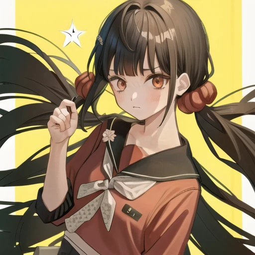 <lora:MakiDG:1>, MakiDG, 1girl, red shirt, red scrunchie, solo, bangs, simple background, shirt, hair scrunchie, white background, school uniform, collarbone, upper body, blunt bangs, looking at viewer, serafuku, long sleeves, sailor collar, closed mouth, official style, hairclip, eyebrows visible through hair, star print, pleated skirt, jacket, red eyes,