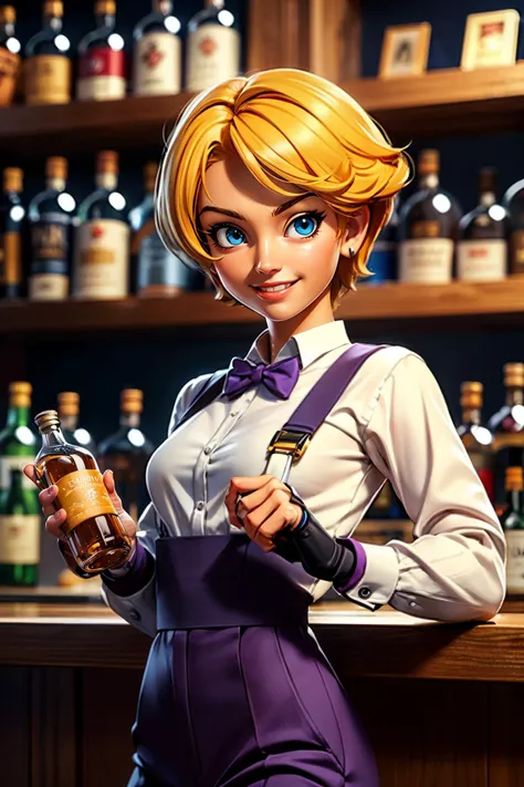 KingKOF, small breasts, short blonde hair, blue eyes, bow, fingerless gloves, purple pants, yellow belt, white shirt,suspenders, looking at viewer, smiling, grin, medium shot, standing, inside, bar, holding whiskey bottle, counter, shelf, bottles, high quality, masterpiece, <lora:KingKOF-DocStasis:.7>