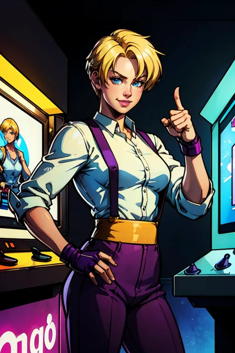 KingKOF, small breasts, short blonde hair, blue eyes, bow, fingerless gloves, purple pants, yellow belt, white shirt,suspenders, looking at viewer, serious, smiling, standing, fighting pose, inside, arcade, arcade cabinet, neon lighting, high quality, masterpiece, <lora:KingKOF-DocStasis:.7>