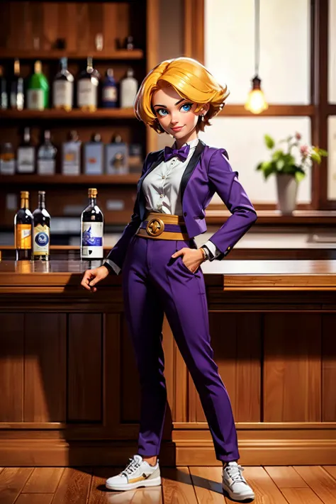 KingKOF, small breasts, short blonde hair, blue eyes, bow, fingerless gloves, purple pants, yellow belt, white shirt,purple blazer, shoes,looking at viewer, smiling, standing, full body shot, inside, bar, counter, shelf, bottles, high quality, masterpiece,  <lora:KingKOF-DocStasis:.7>