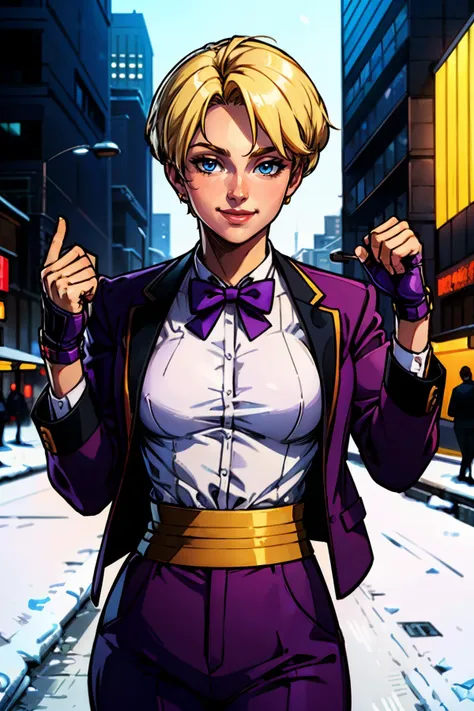 KingKOF, small breasts, short blonde hair, blue eyes, bow, fingerless gloves, purple pants, yellow belt, white shirt,purple blazer, looking at viewer, smiling, standing, medium shot, outside, city, street, night time, snow, high quality, masterpiece, <lora:KingKOF-DocStasis:.7>