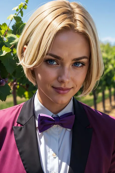 KingKOF, small breasts, short blonde hair, blue eyes, bow tie, white shirt,purple blazer, looking at viewer, smiling, close up portrait, outside,vineyard, grapevine, blue sky, high quality, masterpiece, <lora:KingKOF-DocStasis:.7>