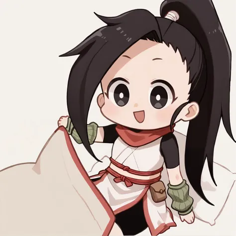 Seggs, chibi, open mouth, smile <lora:Seggs_XLPD:1.1> 1girl, very long hair, black hair, high ponytail, high ponytail, black eyes, red scarf, bike shorts, arm warmers, white crop top, crop top, white pelvic curtain, pelvic curtain    <lora:tsubaki_kunoichi:1>, score_9, score_8_up, score_7_up, score_6_up, score_5_up, score_4_up, BREAK source_anime, masterpiece