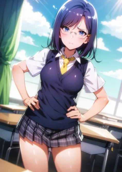 masterpiece, best quality, ultra detailed, illustration, <lora:KonoriMii:1>, dark blue hair, blue eyes, round glasses, dark blue sweater vest, yellow necktie, dress shirt, pleated skirt, short sleeves, blush, embarrassed, dramatic shadows, looking at viewer, cinematic lighting, school, desks, hands on hip, furrowed brow, frown, windows, sky, clouds, curtains,