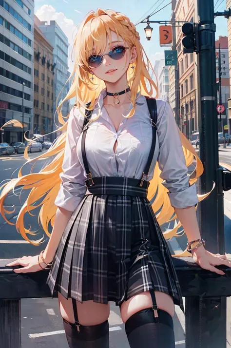 blue theme, pantyhose,  <lora:edgAsianUrbanGal:0.75> wearing Urban_Gal, wearing Urban_Gal, sunglasses, choker, skirt, shirt, thighhighs, jewelry, earrings, thighhighs, bracelet, plaid, makeup, suspenders, suspender skirt,, ultra detailed, masterpiece, best quality, aesthetic, detailed,, solo, soft smile, light smile,
1girl, blue eyes, very long hair, blonde hair, long blonde hair, french braid, bangs, medium breasts,
