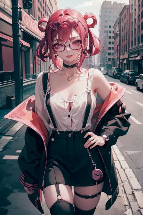 pink theme, purple theme,  <lora:edgAsianUrbanGal:0.75> wearing Urban_Gal, wearing Urban_Gal, pink tinted eyewear, choker, half-skirt, shirt, thighhighs, jewelry, earrings, thighhighs, bracelet, makeup, suspenders, suspender shorts, pink eyeshadow, buttons, button badge, (crime prevention buzzer:1.3),, ultra detailed, masterpiece, best quality, aesthetic, detailed,, solo, seductive smile, red lips,
1girl, purple eyes, red hair, blunt bangs, medium breasts, <lora:hair_rings:1> low hair rings, <lora:EllaNyan:1>,