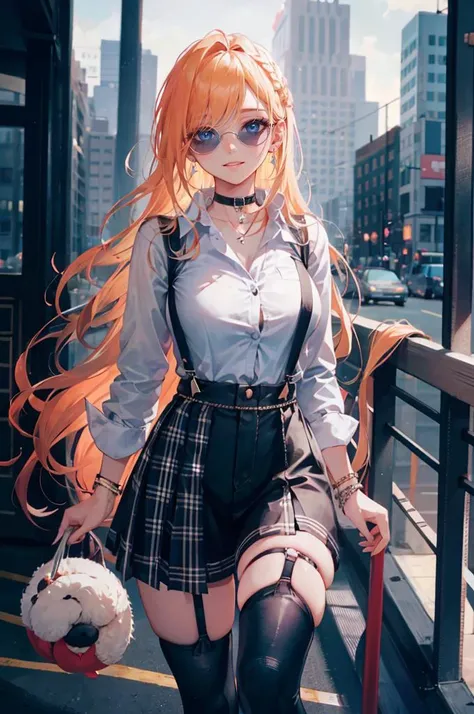 <lora:edgAsianUrbanGal:1> wearing Urban_Gal, sunglasses, choker, skirt, shirt, thighhighs, jewelry, earrings, thighhighs, bracelet, plaid, makeup, suspenders, suspender skirt, blue theme, pantyhose,, ultra detailed, masterpiece, best quality, aesthetic, detailed,, solo, soft smile, light smile,
1girl, blue eyes, very long hair, blonde hair, long blonde hair, french braid, bangs, medium breasts,