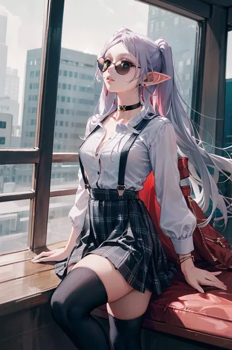 <lora:edgAsianUrbanGal:0.75> wearing Urban_Gal, wearing Urban_Gal, sunglasses, choker, skirt, shirt, thighhighs, jewelry, earrings, thighhighs, bracelet, plaid, makeup, suspenders, suspender skirt, <lora:Frieren:1> Frieren, twintails, earrings ,, ultra detailed, masterpiece, best quality, aesthetic, detailed,