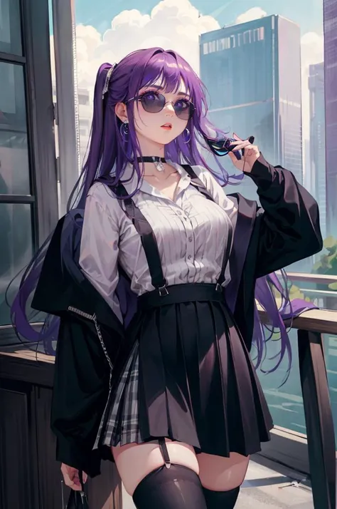 <lora:edgAsianUrbanGal:0.75> wearing Urban_Gal, wearing Urban_Gal, sunglasses, choker, skirt, shirt, thighhighs, jewelry, earrings, thighhighs, bracelet, plaid, makeup, suspenders, suspender skirt, <lora:Fern:1> FernFrieren, very long hair, purple eyes, (purple pupils),  black robe,, ultra detailed, masterpiece, best quality, aesthetic, detailed,