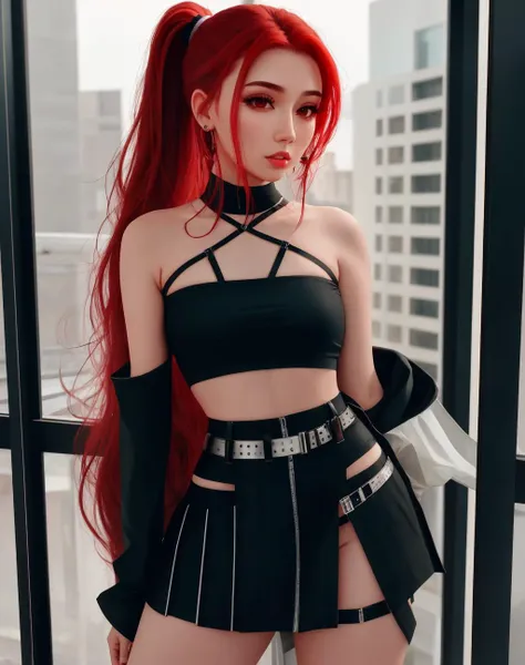 4K, Masterpiece, highres, absurdres, 1girl, solo, long hair, breasts, skirt, jewelry, standing, ponytail, red hair, earrings, parted lips, belt, black skirt, window, thigh strap, hoop earrings, realistic, tube top, wearing Urban_Gal, 
 <lora:edgAUG_mini:1>