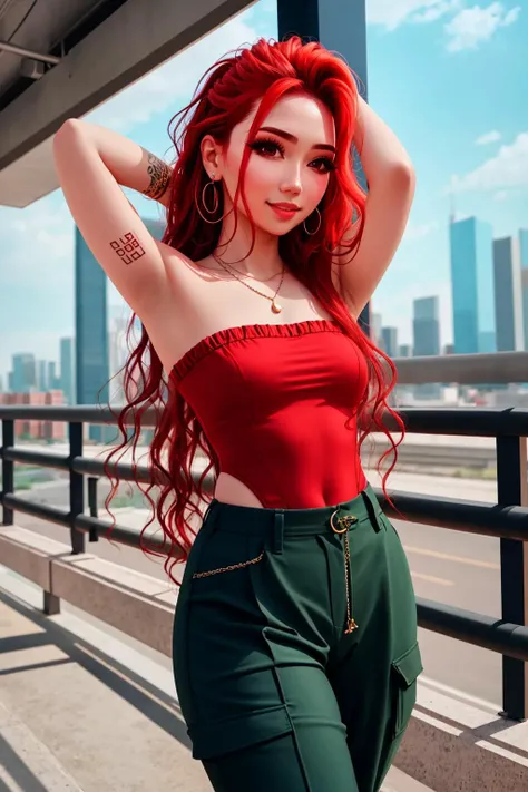 4K, Masterpiece, highres, absurdres,natural volumetric lighting and best shadows,soft detailed facial features,smiling,
1girl, solo, long hair, skirt, jewelry, standing, red hair, earrings, outdoors, parted lips, sky, day, pants, armpits, necklace, arms up, leotard, lips, looking to the side, strapless, tattoo, makeup, looking away, building, realistic, wearing Urban_Gal
<lora:edgAsianUrbanGal:1>