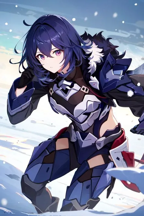 <lora:svarog-000002:1>, svarog, robot, svarog \(honkai star rail\), honkai star rail, honkai \(series\), highres, blue armor, coat, fur-trimmed coat, fur trim, (masterpiece:1.5), illustration, 4k, 8k, (high quality:1.1), highly detailed, HDR, vivid colors, own hands together, Shinjuku Kabukicho, action scene, epic, snow, looking at viewer, dark