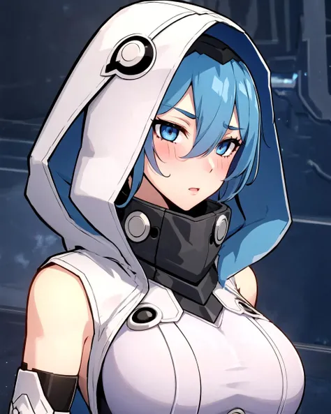 1girl,   hood, upper body, blush, detailed face, blue eyes, blue hair, white suit, large breasts,  <lora:Messenger:0.8>,