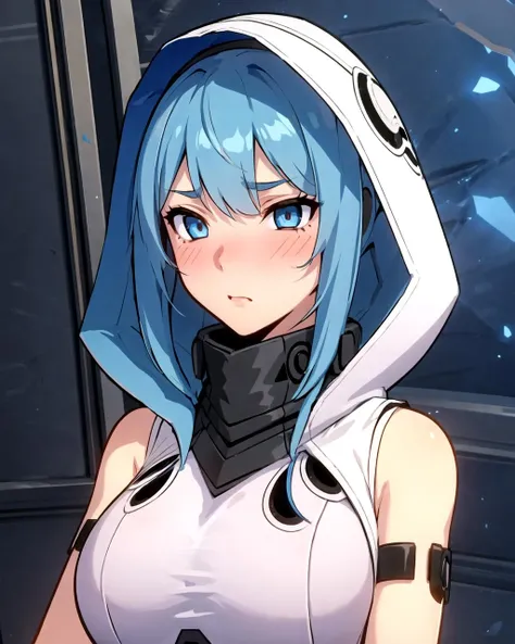 1girl, hood, upper body, blush, detailed face, blue eyes, blue hair, white suit, large breasts, <lora:Messenger:0.8>,