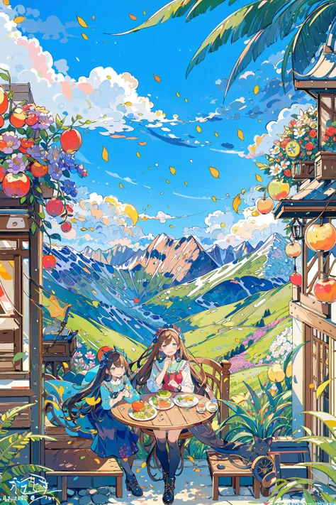 (masterpiece:1.2), best quality,PIXIV, 
1girl, cloud, mountain, sky, outdoors, day, solo, flower, food, blue sky, grass, chair, plant, scenery, long hair, leaf, table, fruit, sitting, from above, smile, tree, dress
 <lora:fairy tale style-000016:0.7>