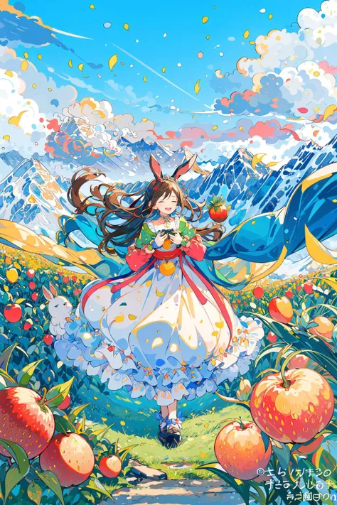 (masterpiece:1.2), best quality,PIXIV, 
fairy tale style, 1girl, plant, rabbit, cloud, outdoors, mountain, solo, food, basket, grass, fruit, closed eyes, day, smile, sky, tree, dress, leaf, scenery
 <lora:fairy tale style-000016:0.7>